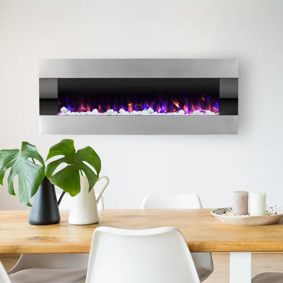 54 In. Stainless Steel Electric Fireplace with Wall Mount and Remote in Silver