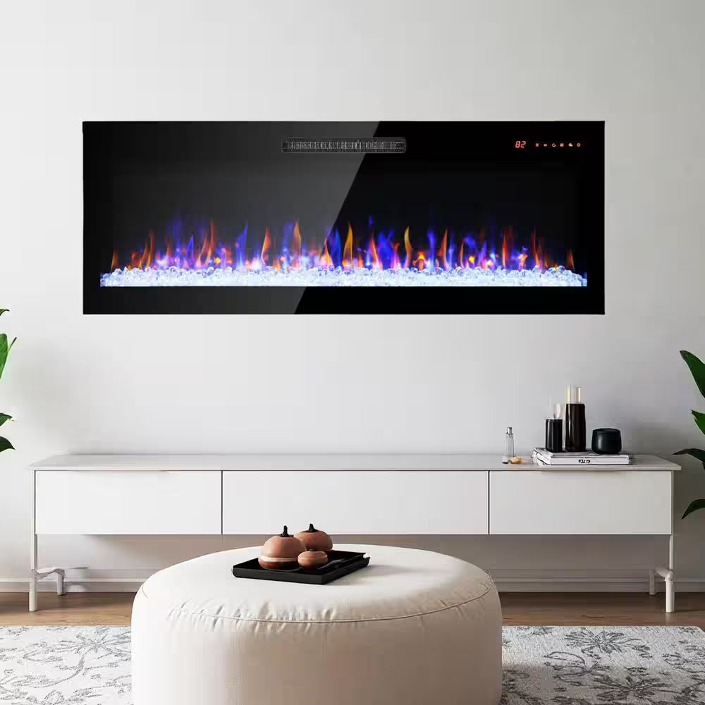 50 In. Wall Mounted Ultra Thin Tempered Glass Front Smart Electric Fireplace with Remote and Multi-Color Flame in Black