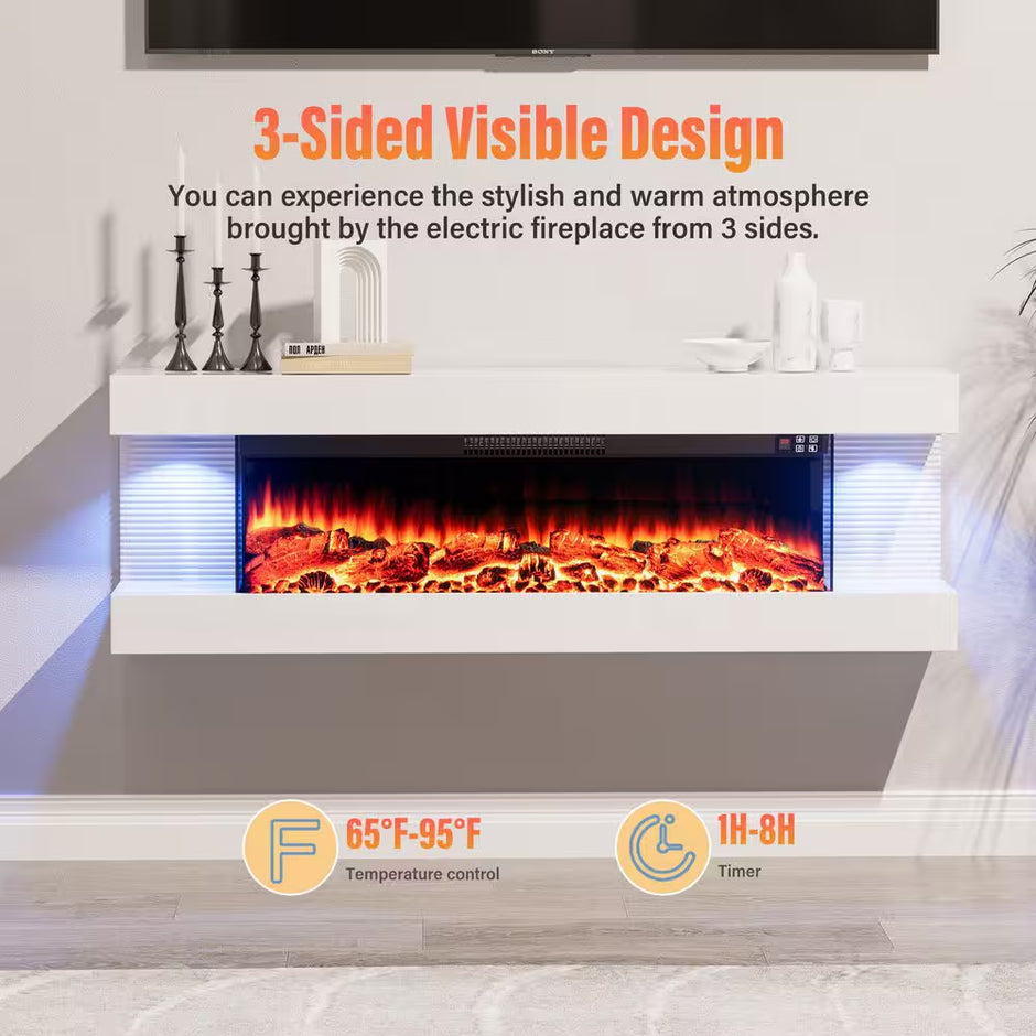 50 In. Wall Mount 3-Sided Electric Fireplace in White with Thermostat and Remote, 12-Flame Colors, LED Side Lights