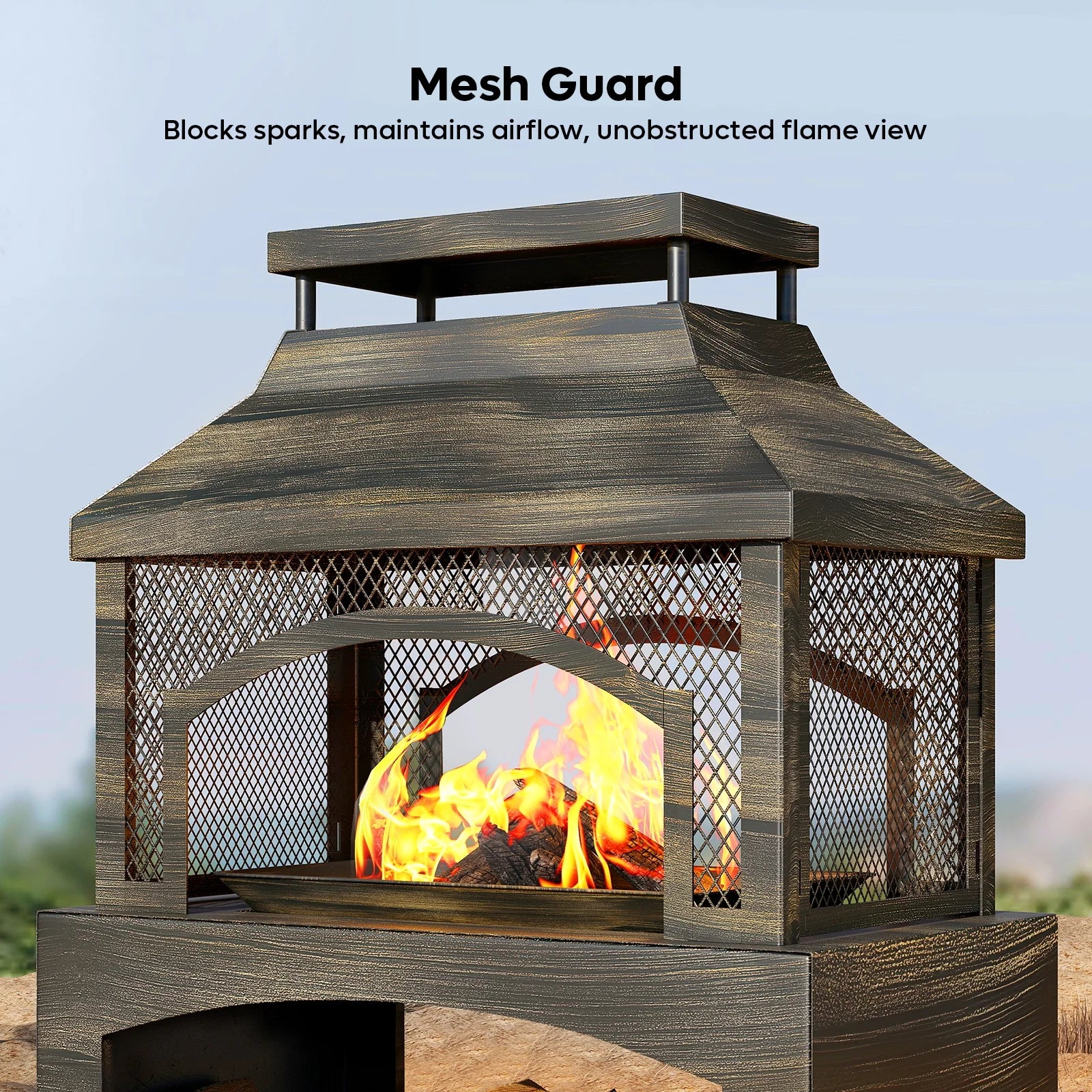 Fire Pits for outside Wood Burning, Outdoor Fireplace with Log Storage Rack, Freestanding Chiminea Fireplace with Mesh Screen and Pocker for Backyard Patio Party Camping Picnic, 37