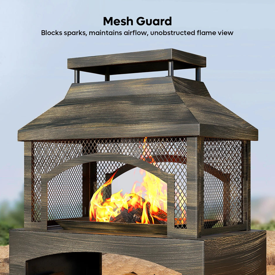 Fire Pits for outside Wood Burning, Outdoor Fireplace with Log Storage Rack, Freestanding Chiminea Fireplace with Mesh Screen and Pocker for Backyard Patio Party Camping Picnic, 37