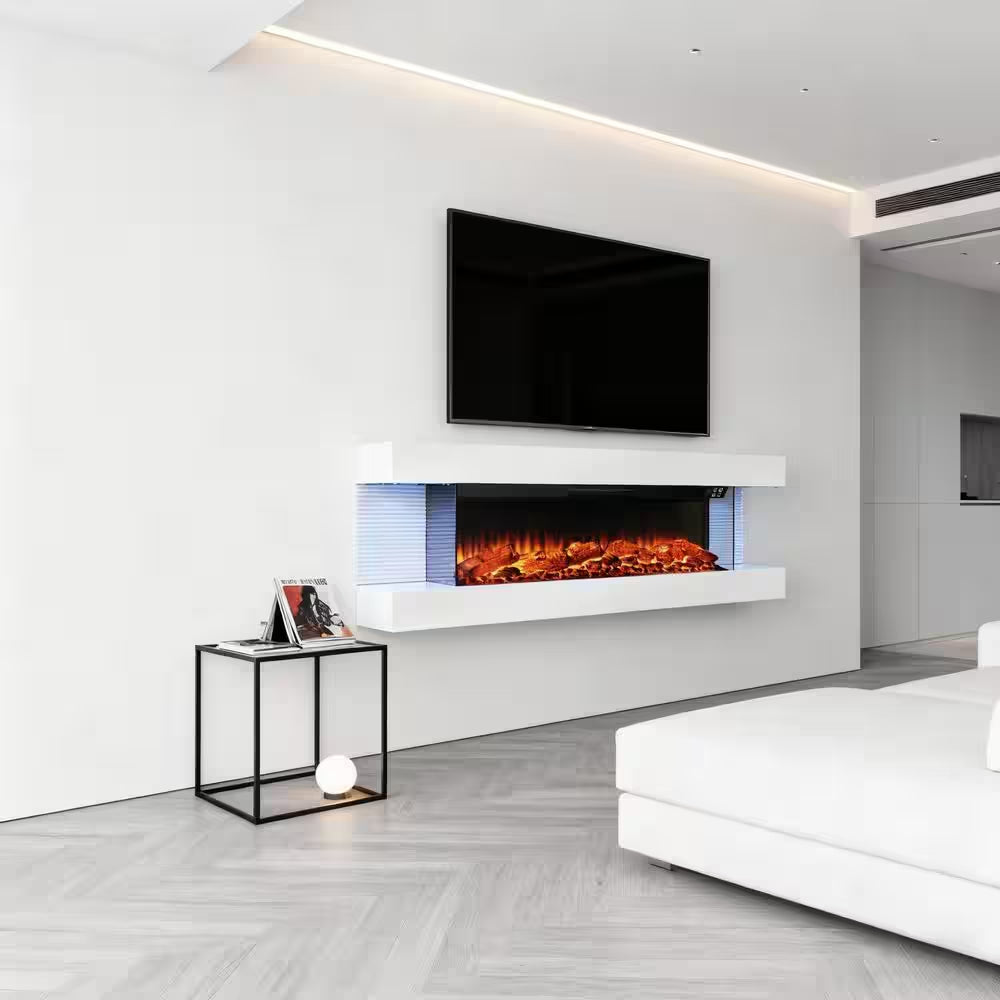 50 In. Wall Mount 3-Sided Electric Fireplace in White with Thermostat and Remote, 12-Flame Colors, LED Side Lights