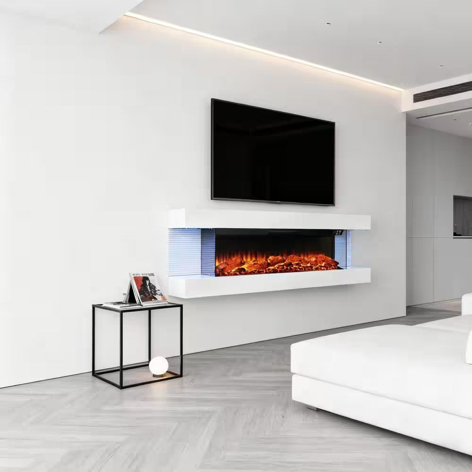 50 In. Wall Mount 3-Sided Electric Fireplace in White with Thermostat and Remote, 12-Flame Colors, LED Side Lights