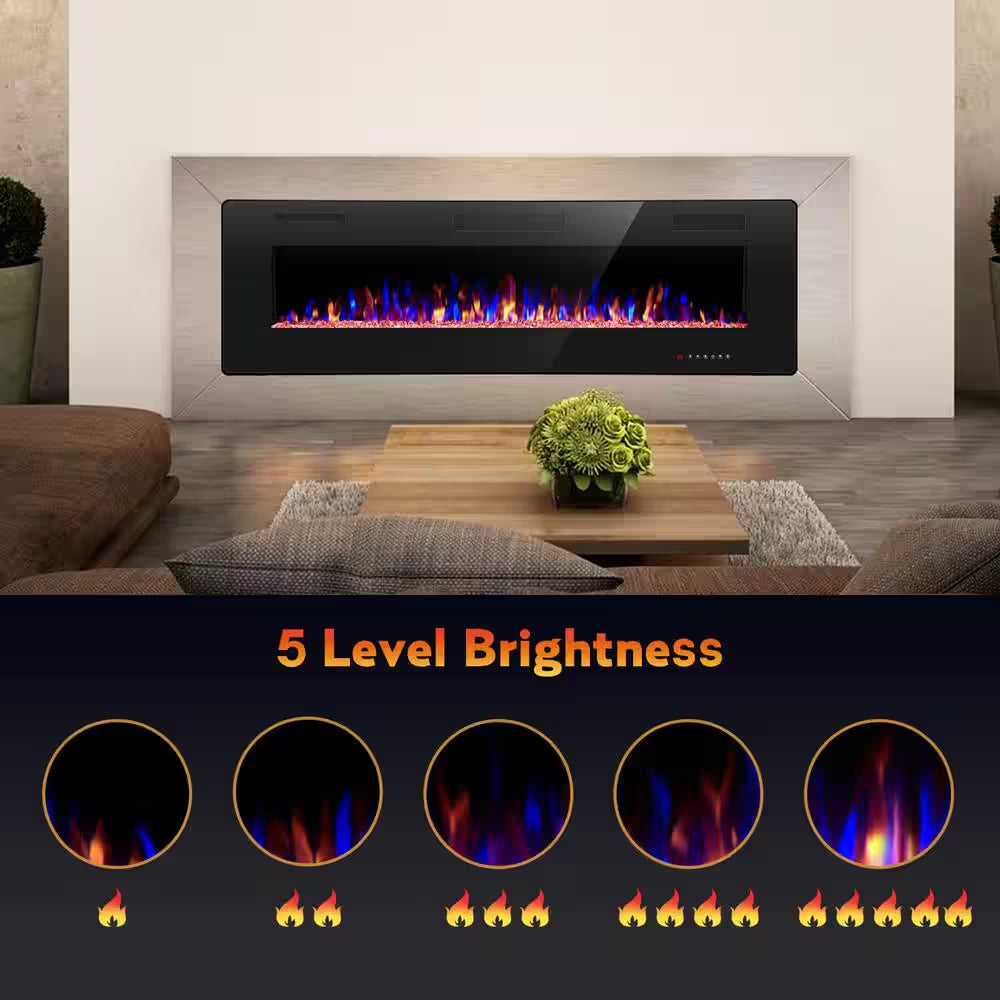 60 In. Wall Mounted Electric Fireplace with Remote Control, Timer and Touch Screen in Black