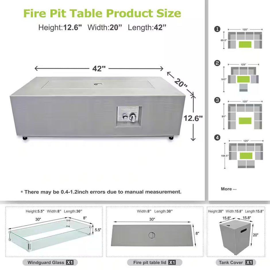 42 In. 50,000 BTU Propane Fire Pit Table Rectangle Outdoor Propane Gas Firepit with LED Light