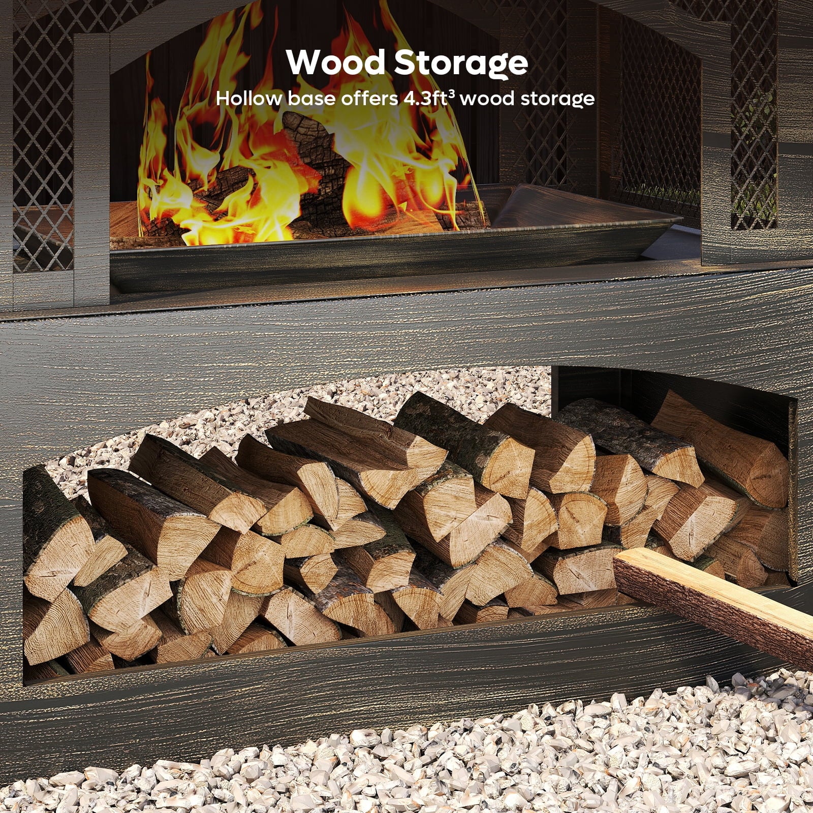 Fire Pits for outside Wood Burning, Outdoor Fireplace with Log Storage Rack, Freestanding Chiminea Fireplace with Mesh Screen and Pocker for Backyard Patio Party Camping Picnic, 37