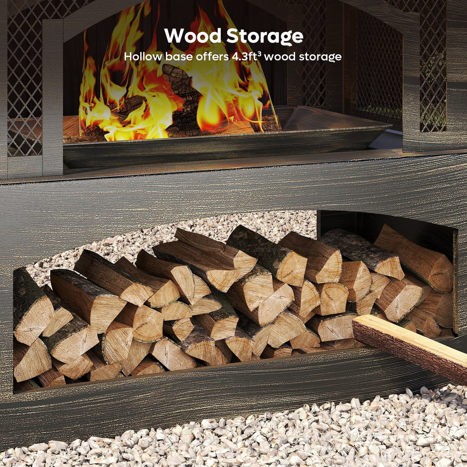 Fire Pits for outside Wood Burning, Outdoor Fireplace with Log Storage Rack, Freestanding Chiminea Fireplace with Mesh Screen and Pocker for Backyard Patio Party Camping Picnic, 37