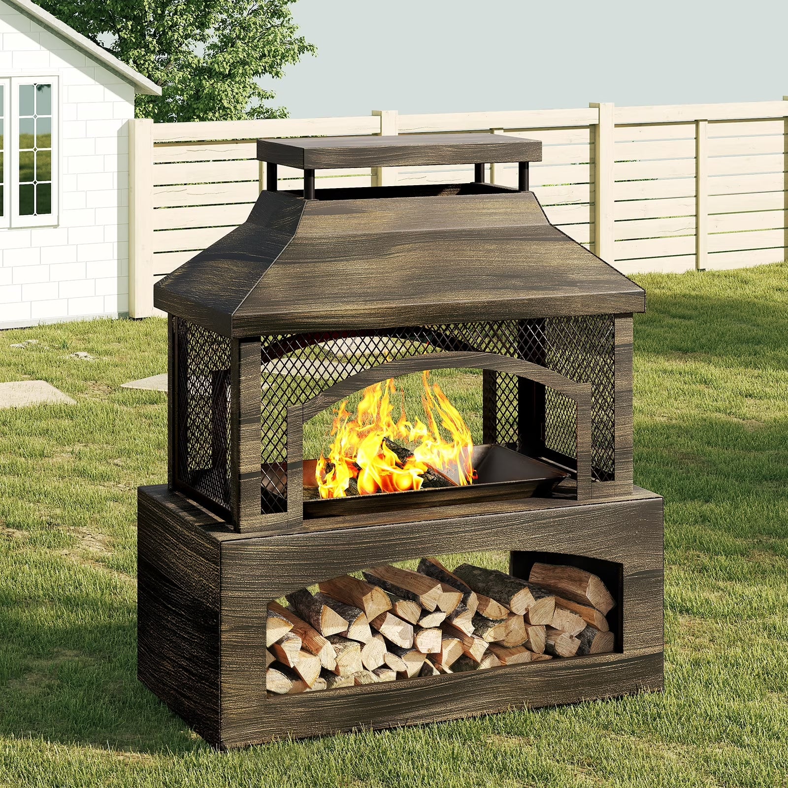 Fire Pits for outside Wood Burning, Outdoor Fireplace with Log Storage Rack, Freestanding Chiminea Fireplace with Mesh Screen and Pocker for Backyard Patio Party Camping Picnic, 37