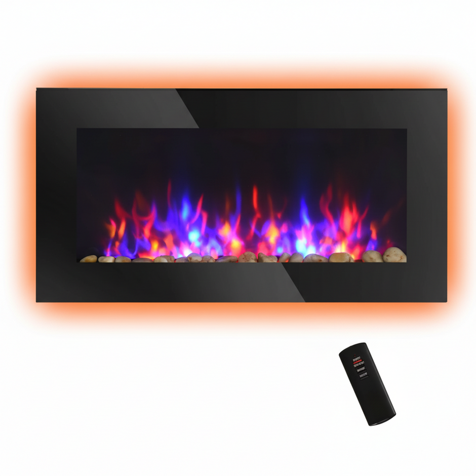 36" 1500W Electric Wall-Mounted Fireplace with Flame Effect, 7 Color Background Light and Side Light, Black
