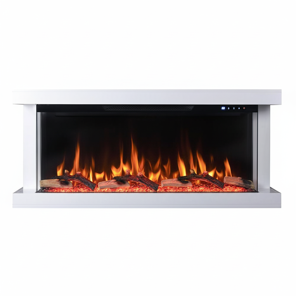 50 In. Wall Mount 3-Sided Electric Fireplace in White with Thermostat and Remote, 12-Flame Colors, LED Side Lights