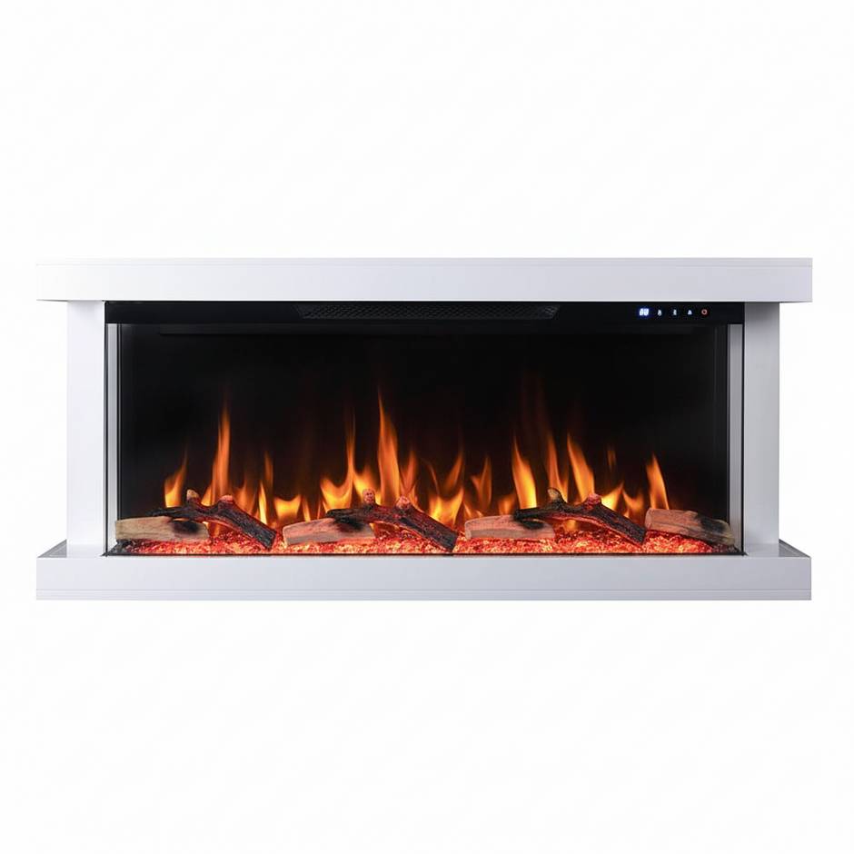 50 In. Wall Mount 3-Sided Electric Fireplace in White with Thermostat and Remote, 12-Flame Colors, LED Side Lights