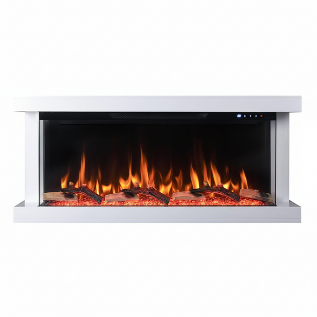 50 In. Wall Mount 3-Sided Electric Fireplace in White with Thermostat and Remote, 12-Flame Colors, LED Side Lights
