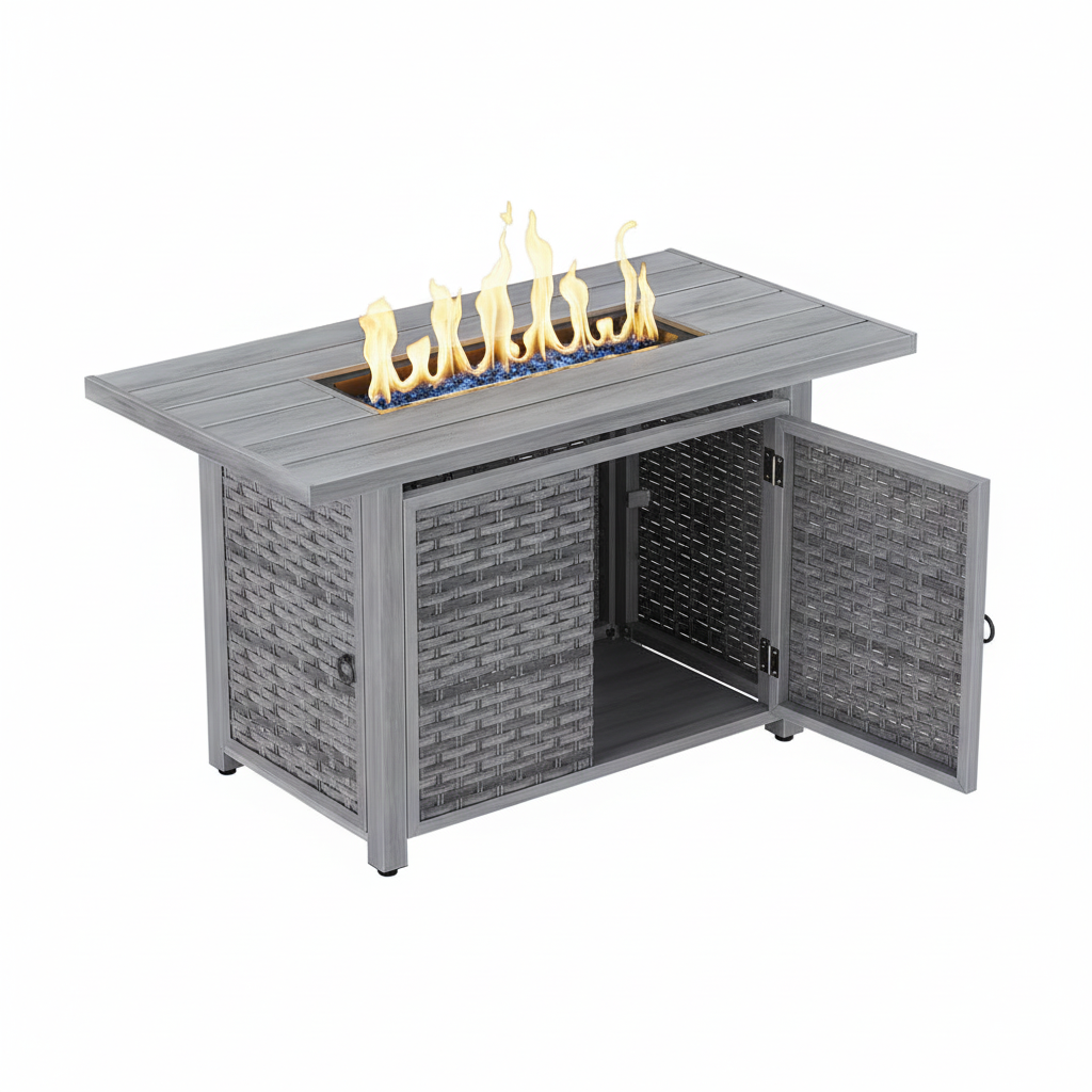 43 In. 50,000 BTU Light Gray Rectangle Rattan Wicker Outdoor Propane Fire Pit Table