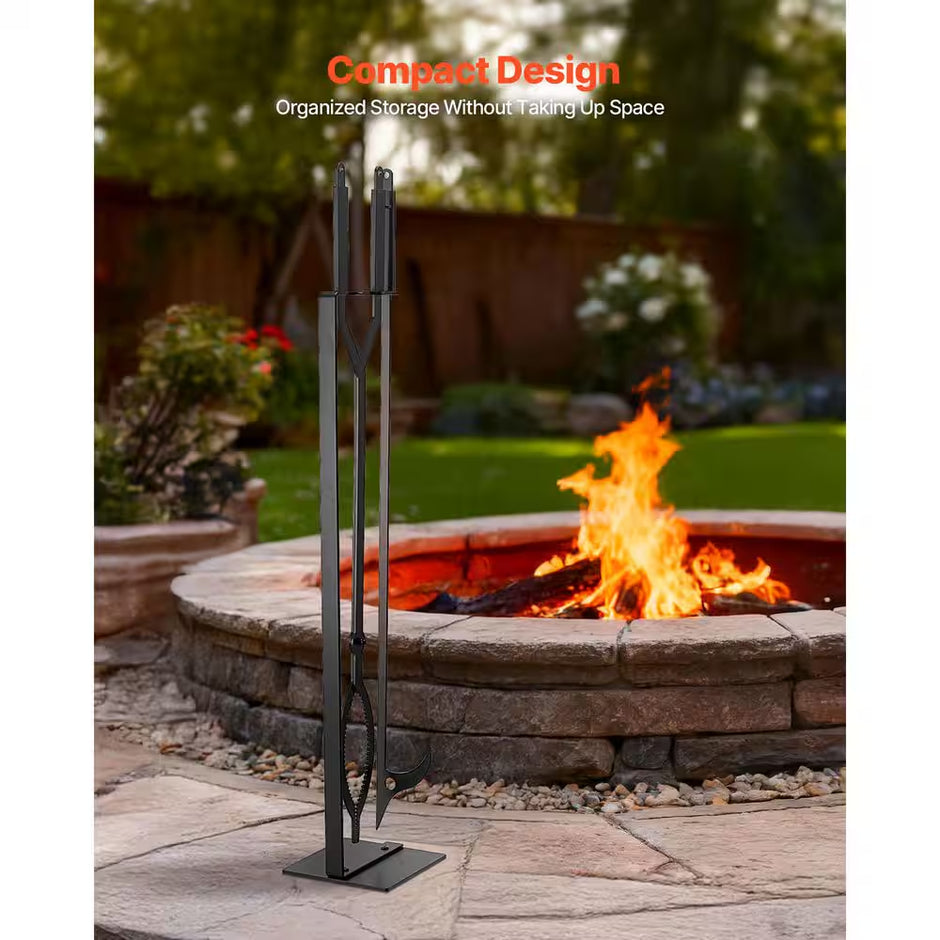 Wrought Iron Fireplace Tool Set, 3 PCS Fire Tool Set and Holder with Stand, Tongs, Fire Place Poker, for Indoor/Outdoor