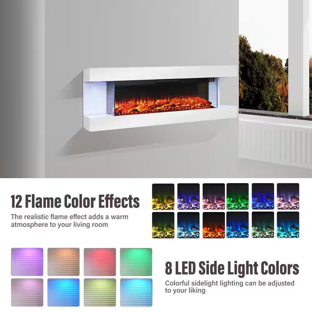 50 In. Wall Mount 3-Sided Electric Fireplace in White with Thermostat and Remote, 12-Flame Colors, LED Side Lights