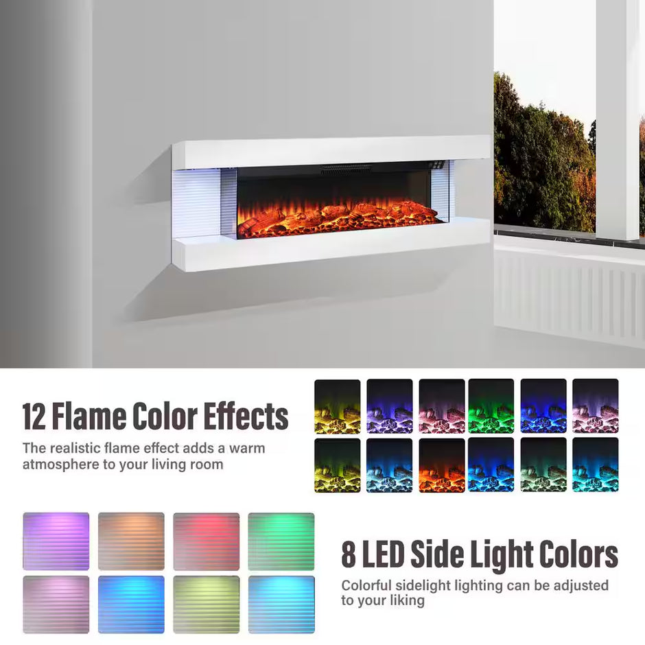 50 In. Wall Mount 3-Sided Electric Fireplace in White with Thermostat and Remote, 12-Flame Colors, LED Side Lights
