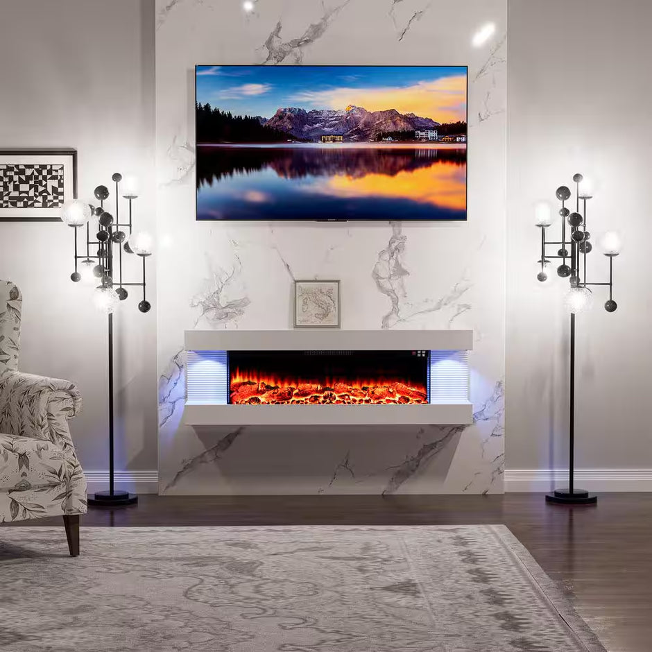 50 In. Wall Mount 3-Sided Electric Fireplace in White with Thermostat and Remote, 12-Flame Colors, LED Side Lights